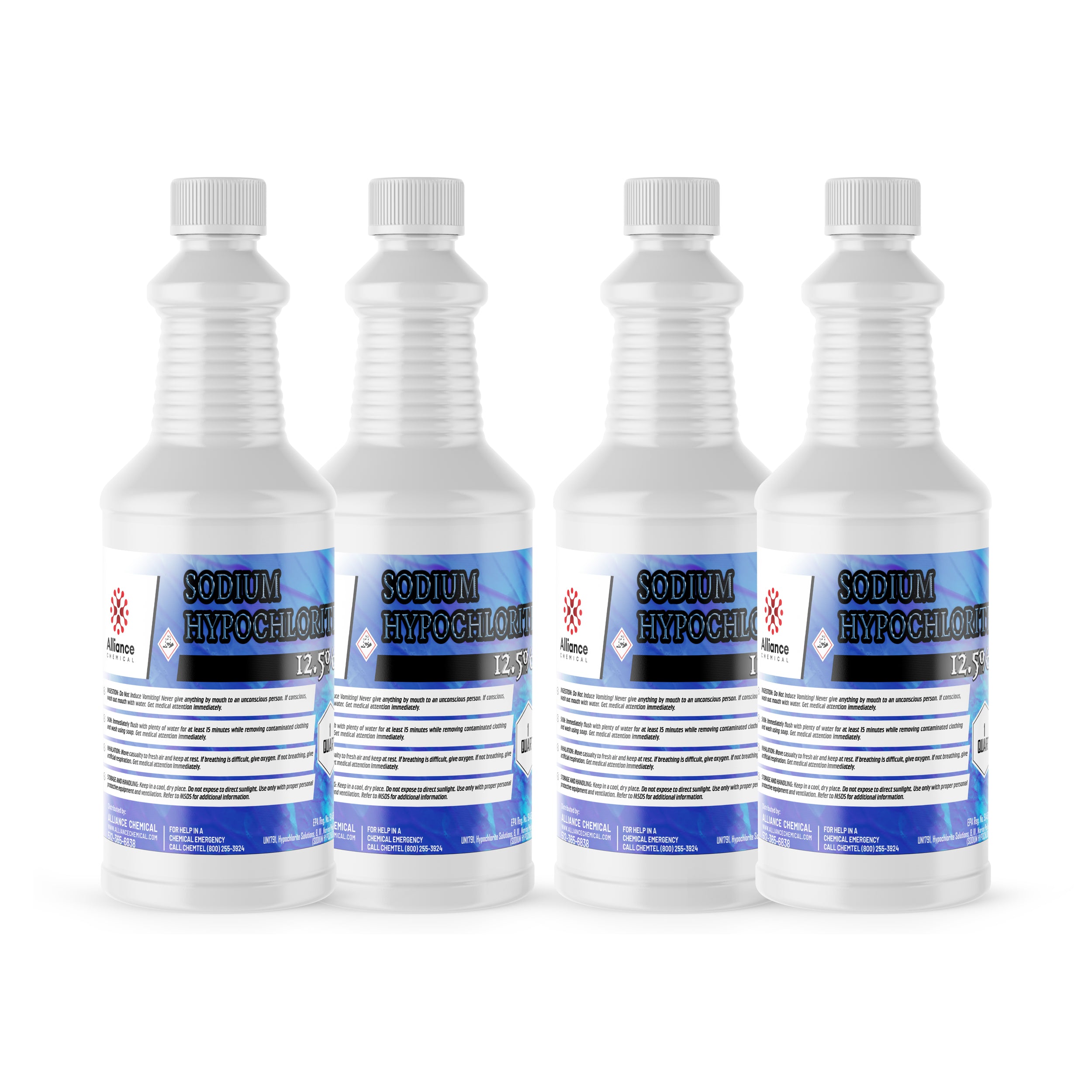 32-oz bottles of industrial-grade Sodium Hypochlorite 12.5%, white HDPE containers with ribbed grip, blue labels, hazard symbols, Alliance Chemical brand.